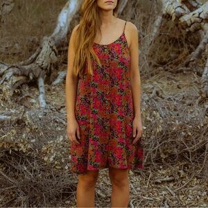 Vintage Floral Button Dress | Black, Pink, Green | Small-Medium